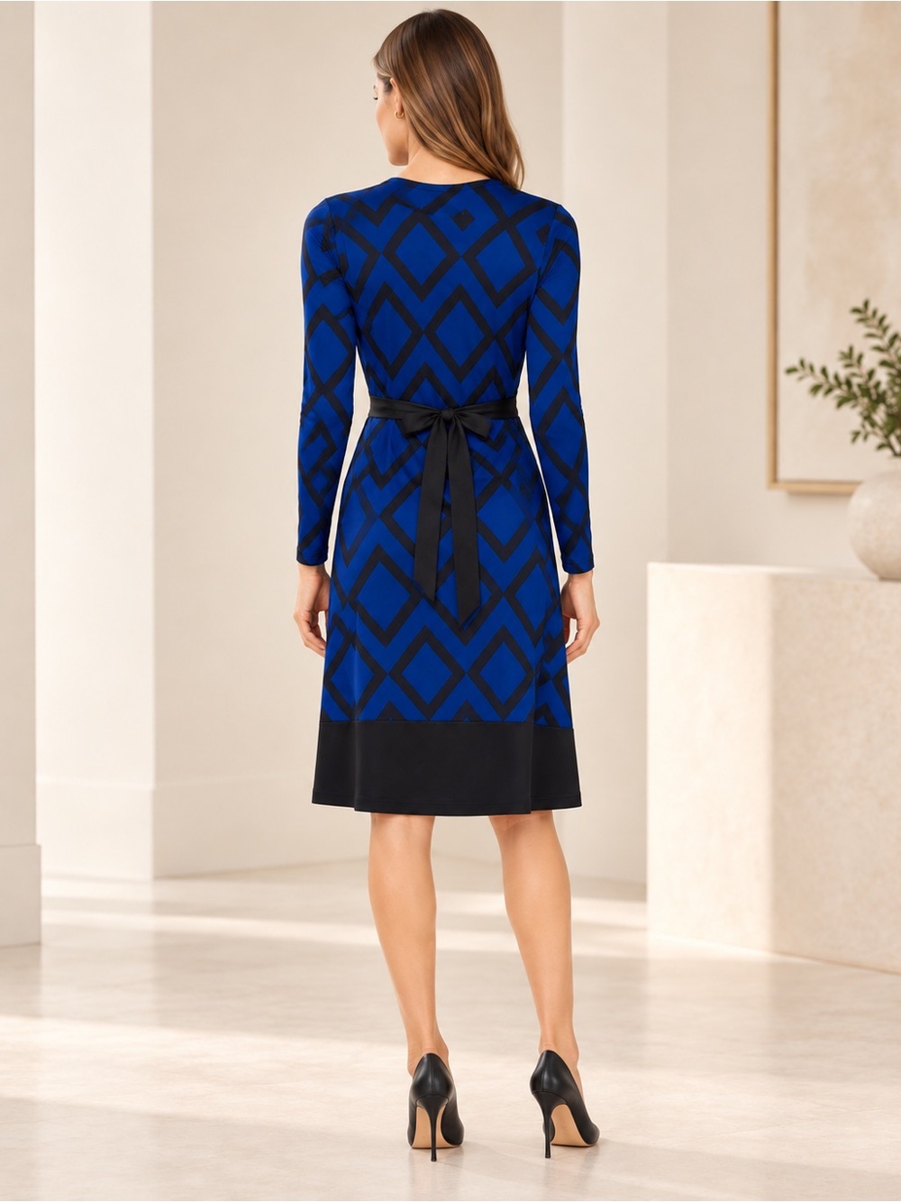 Ann Taylor NWT Size 6 Blue Black Geometric Long Sleeve Wrap Dress